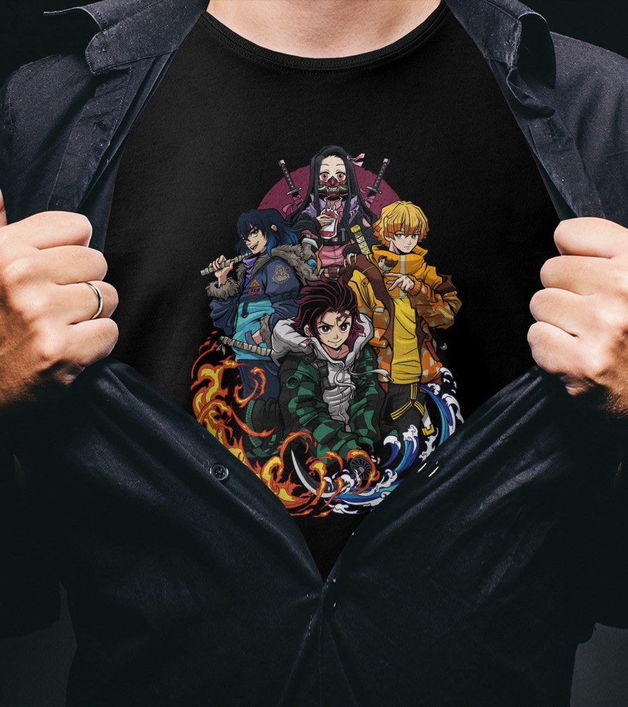 Kimetsu No Yaiba Demon Slayer Tanjiro Nezuko Zenitsu Inosuke Elemental Power Poses T-Shirt