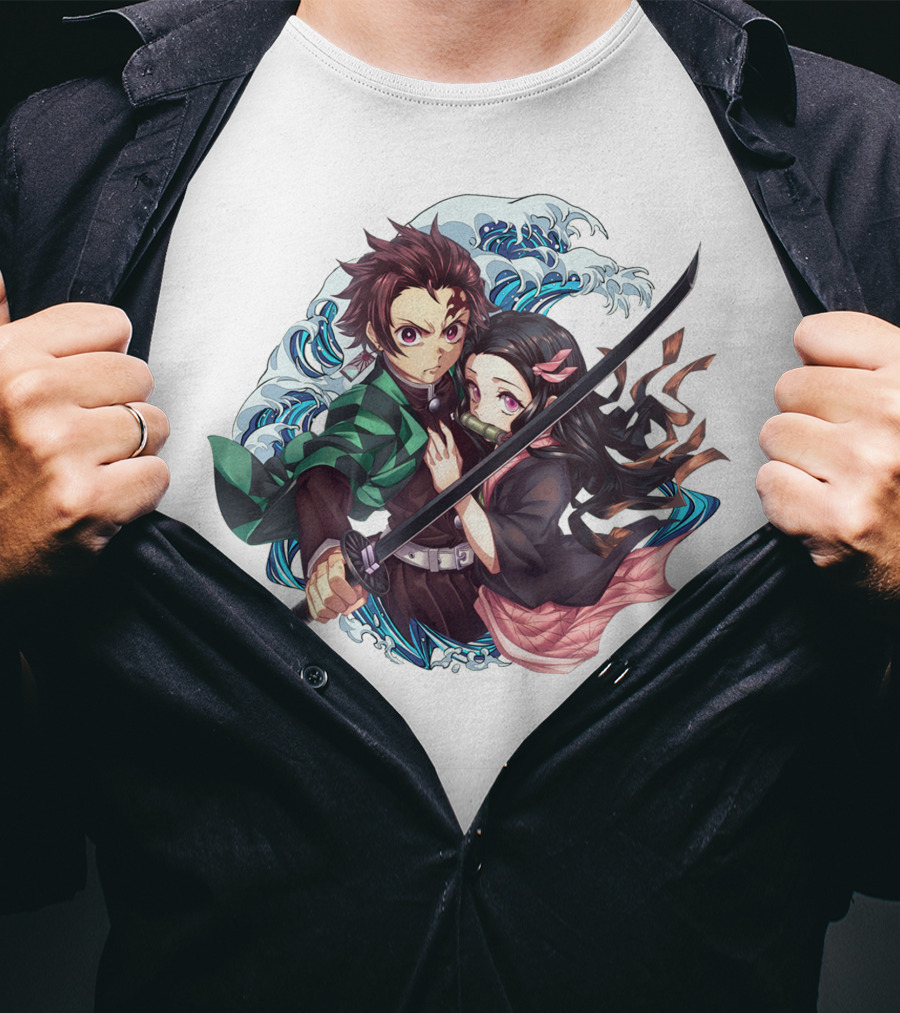 Kimetsu No Yaiba: Demon Slayer Tanjiro Kamado And Nezuko With Sword And Waves T-Shirt