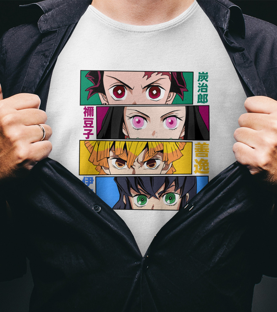 Demon Slayer Kimetsu No Yaiba Tanjiro Nezuko Zenitsu Inosuke Character Faces T-Shirt