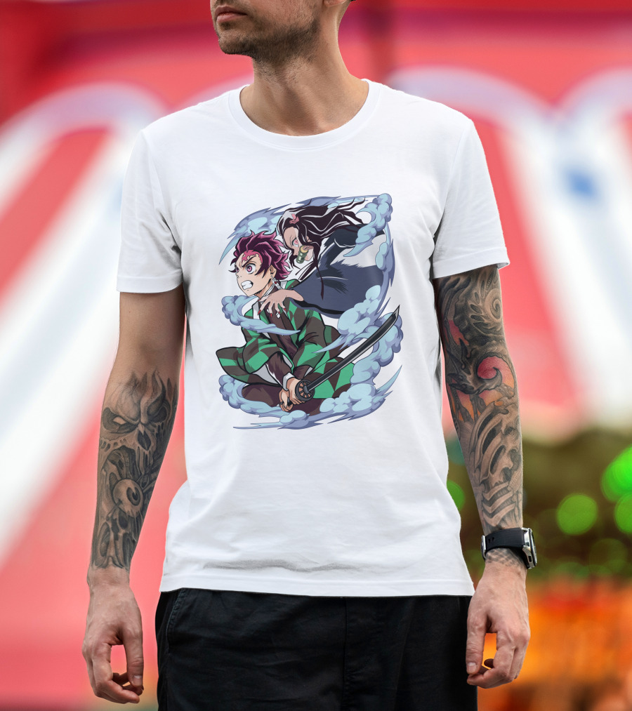 Demon Slayer Kimetsu no Yaiba Tanjiro Nezuko Anime Characters Sword Action Scene T-Shirt