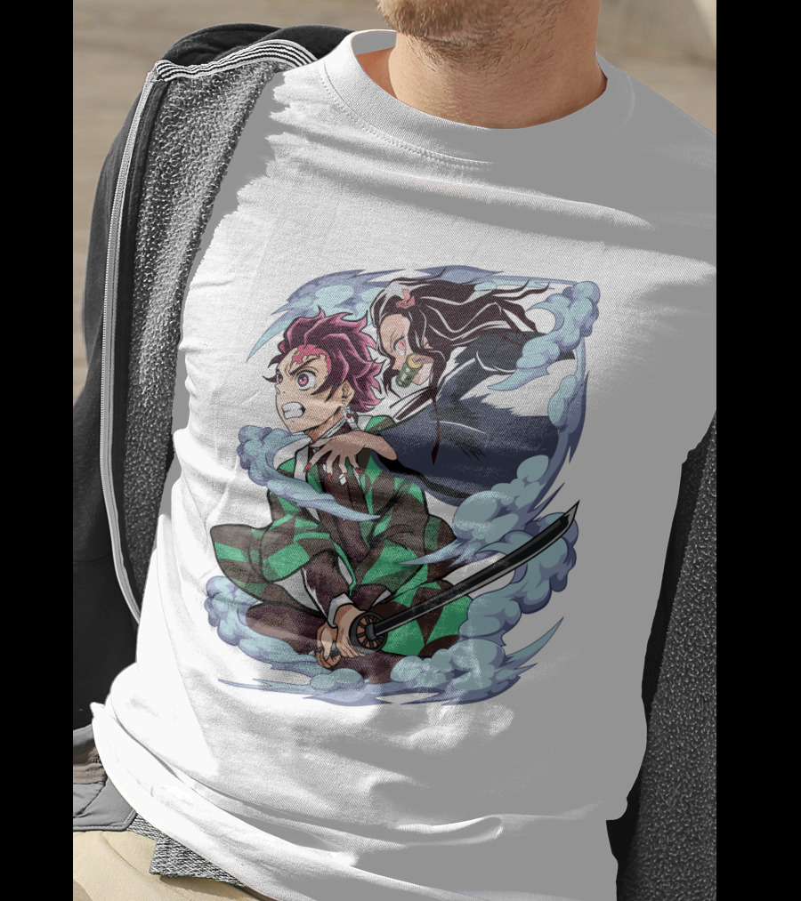 Demon Slayer Kimetsu No Yaiba Tanjiro Nezuko Anime Characters Sword Action Scene T-Shirt