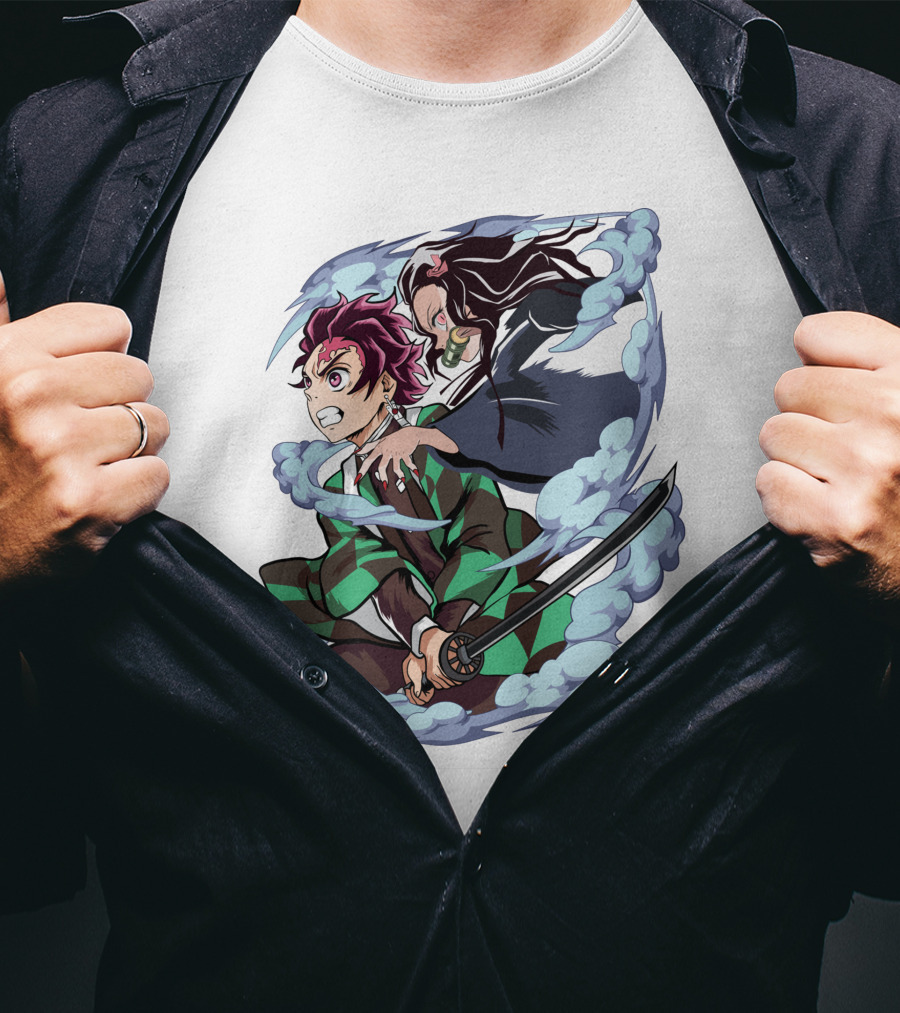 Demon Slayer Kimetsu No Yaiba Tanjiro Nezuko Anime Characters Sword Action Scene T-Shirt