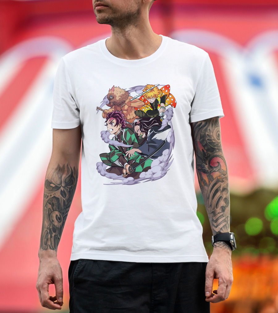 Demon Slayer Kimetsu no Yaiba Tanjiro Nezuko Zenitsu Inosuke Dynamic Action Scene T-Shirt