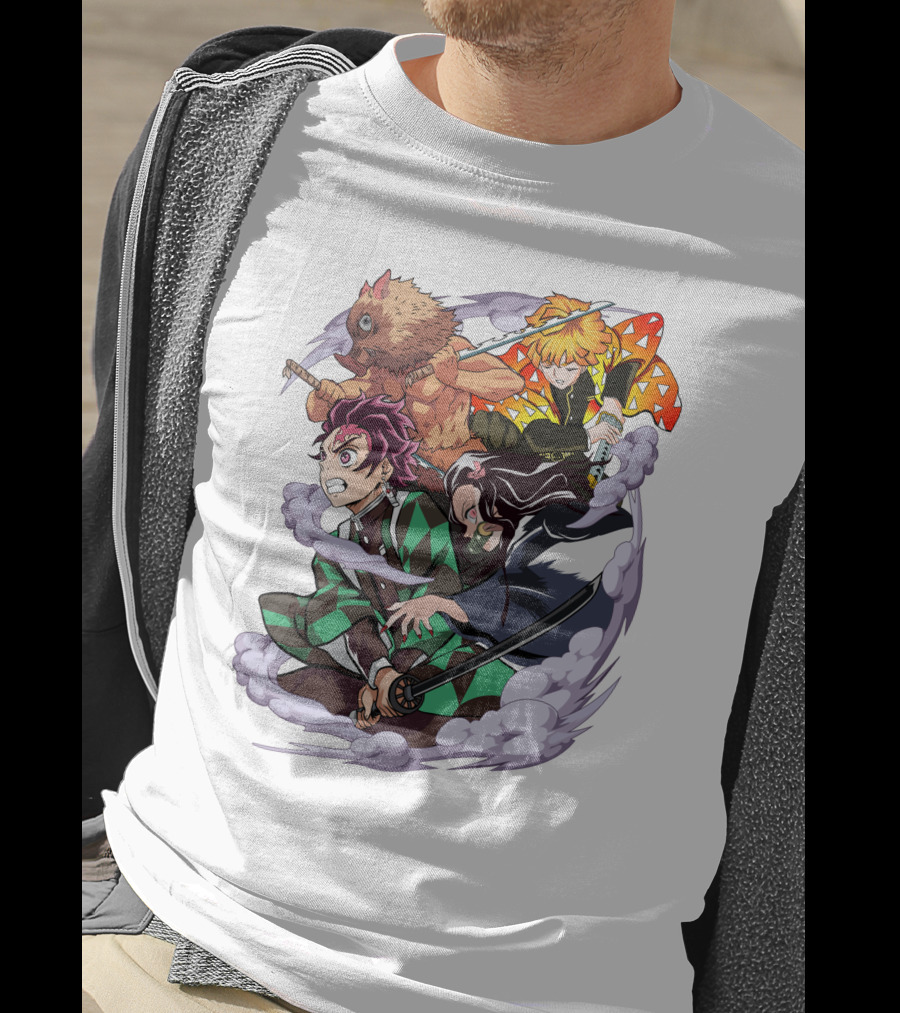 Demon Slayer Kimetsu No Yaiba Tanjiro Nezuko Zenitsu Inosuke Dynamic Action Scene T-Shirt