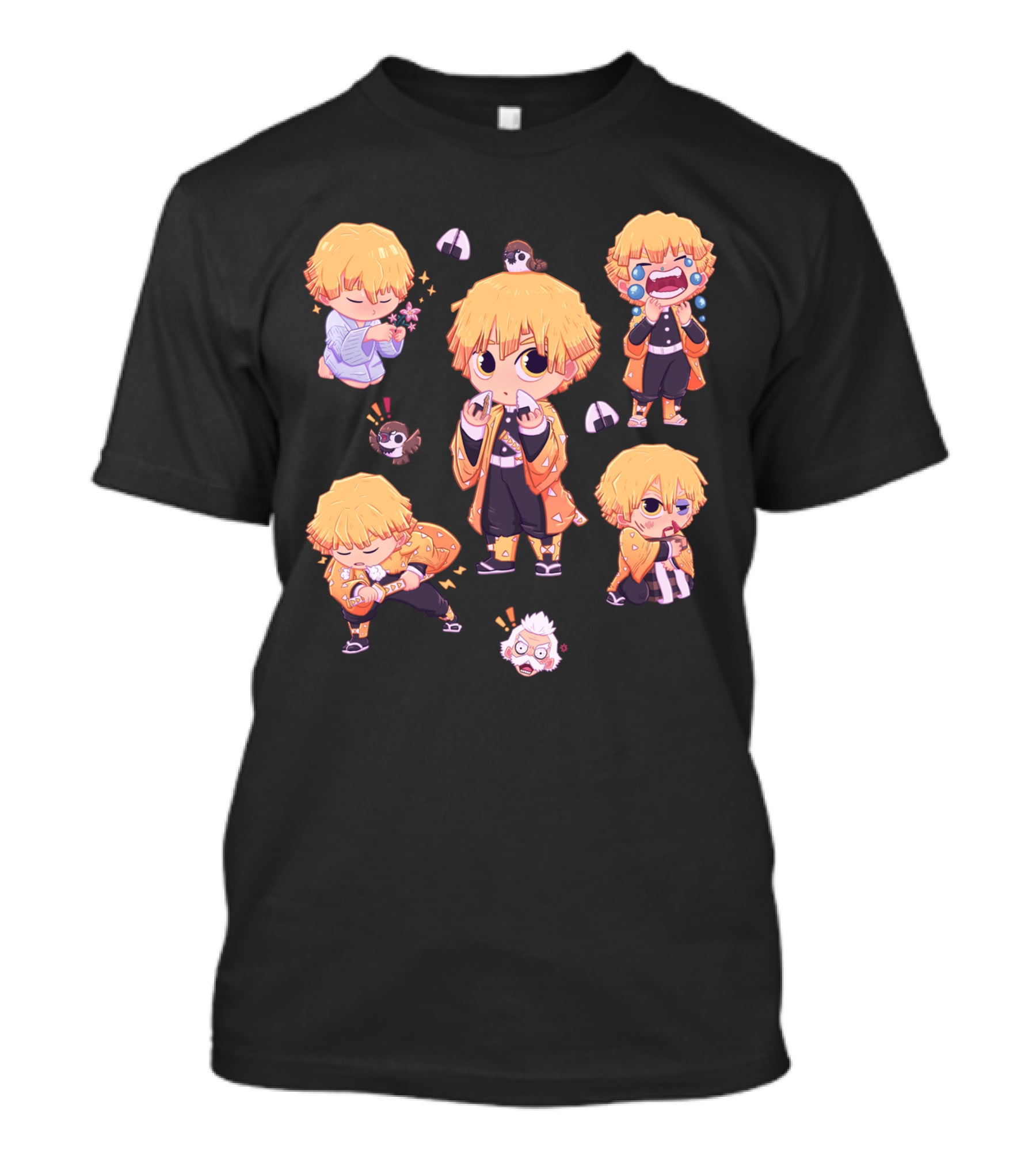 Demon Slayer Kimetsu No Yaiba Zenitsu Chibi Diverse Expressions And Birds Collection T-Shirt
