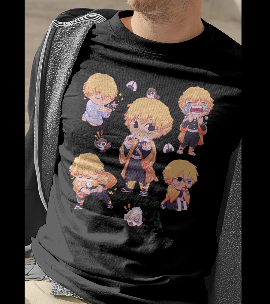Demon Slayer Kimetsu No Yaiba Zenitsu Chibi Diverse Expressions And Birds Collection T-Shirt