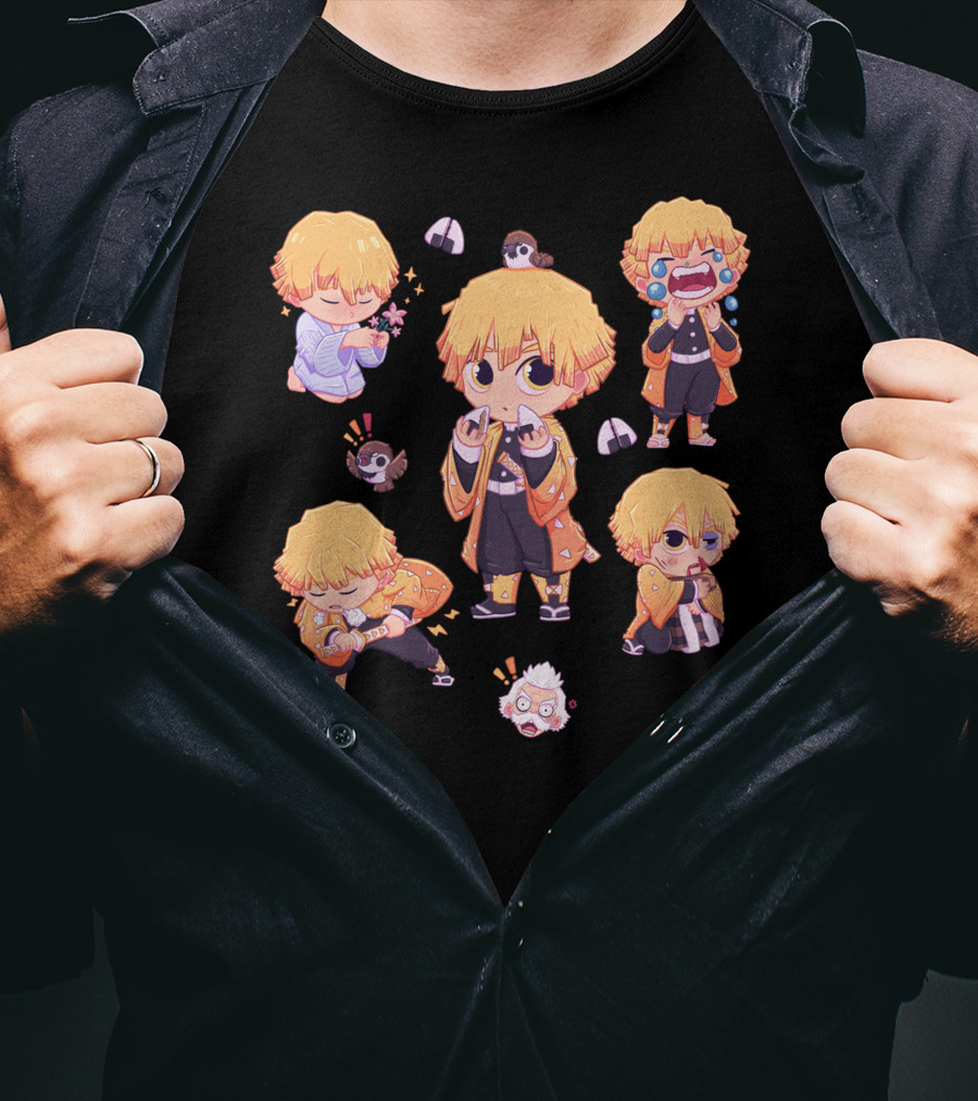 Demon Slayer Kimetsu No Yaiba Zenitsu Chibi Diverse Expressions And Birds Collection T-Shirt