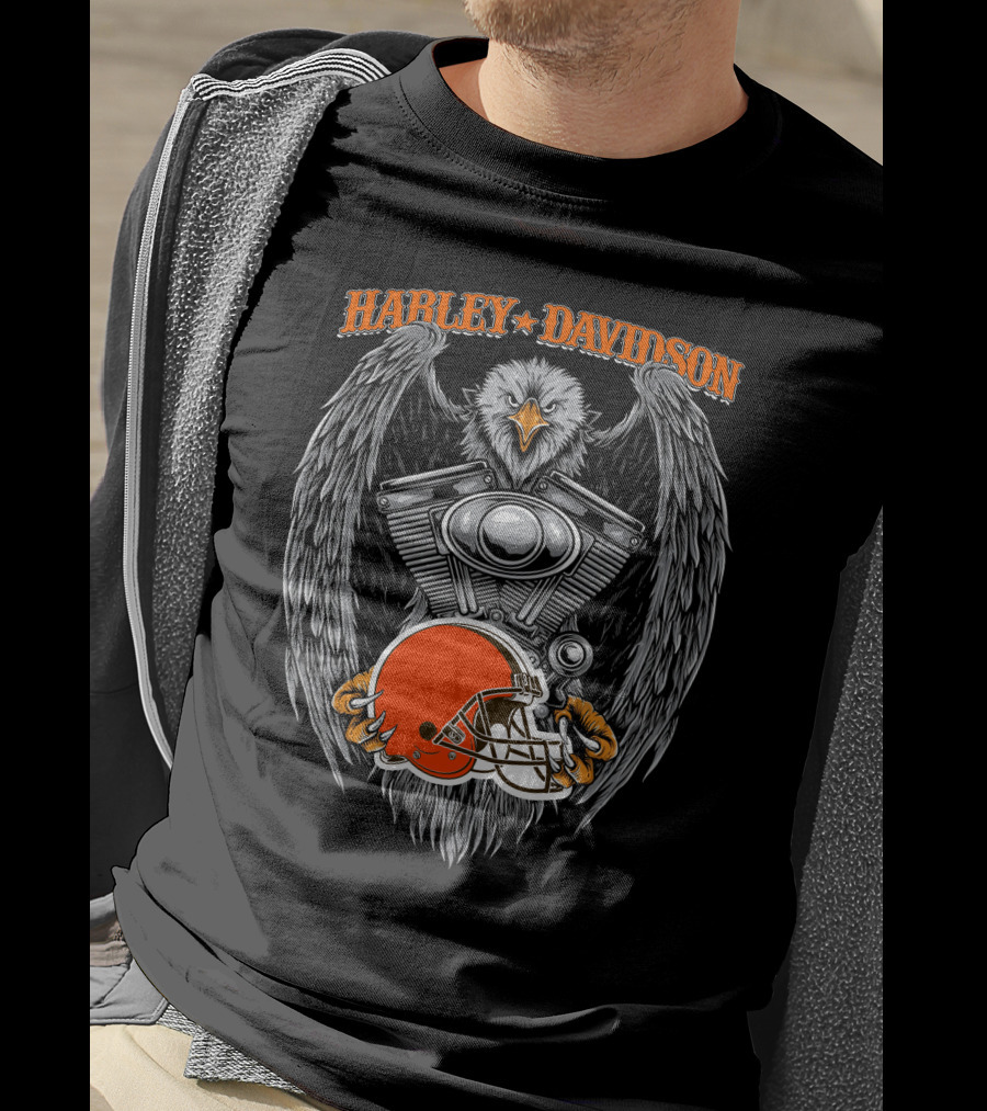 Harley Davidson Eagle With Cleveland Browns Football Helmet T-Shirt