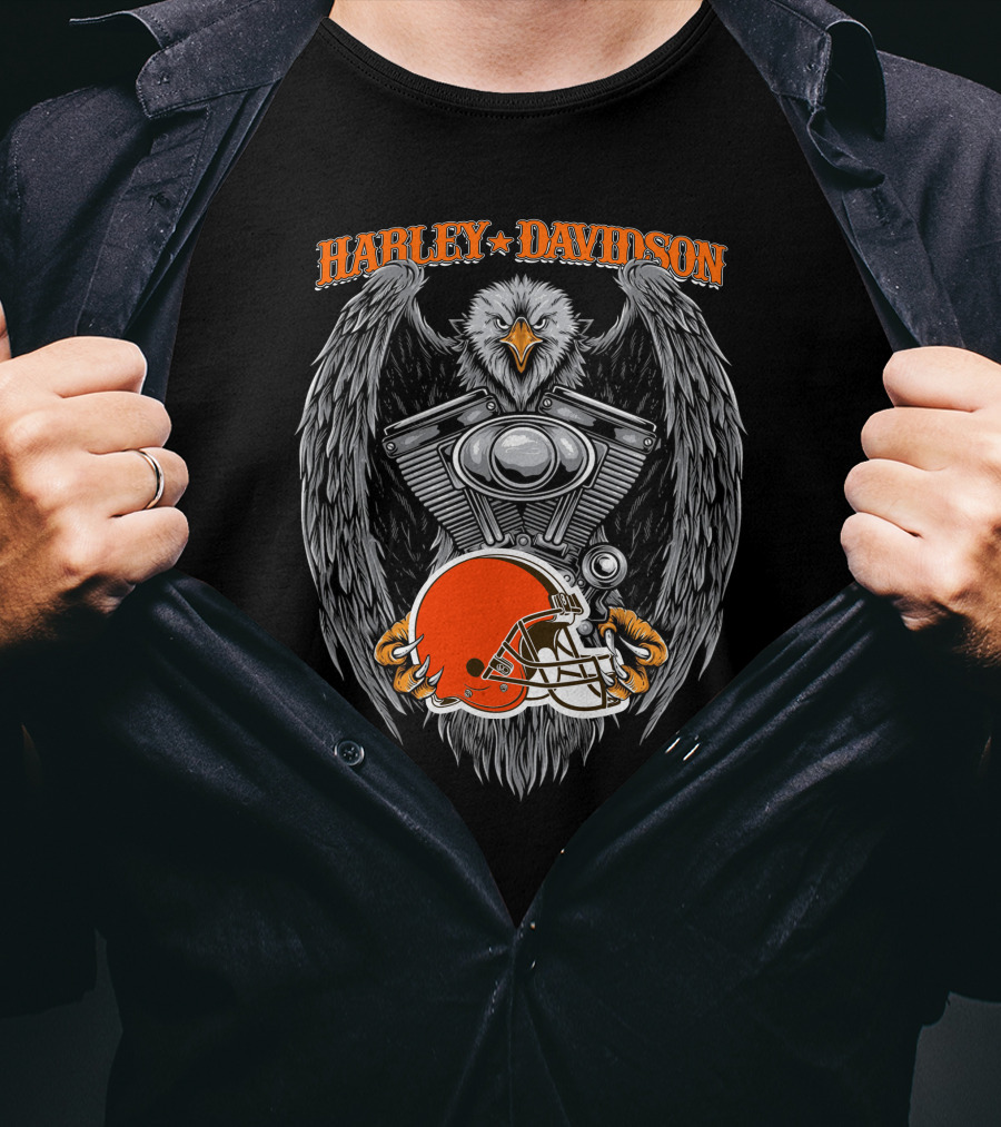 Harley Davidson Eagle With Cleveland Browns Football Helmet T-Shirt