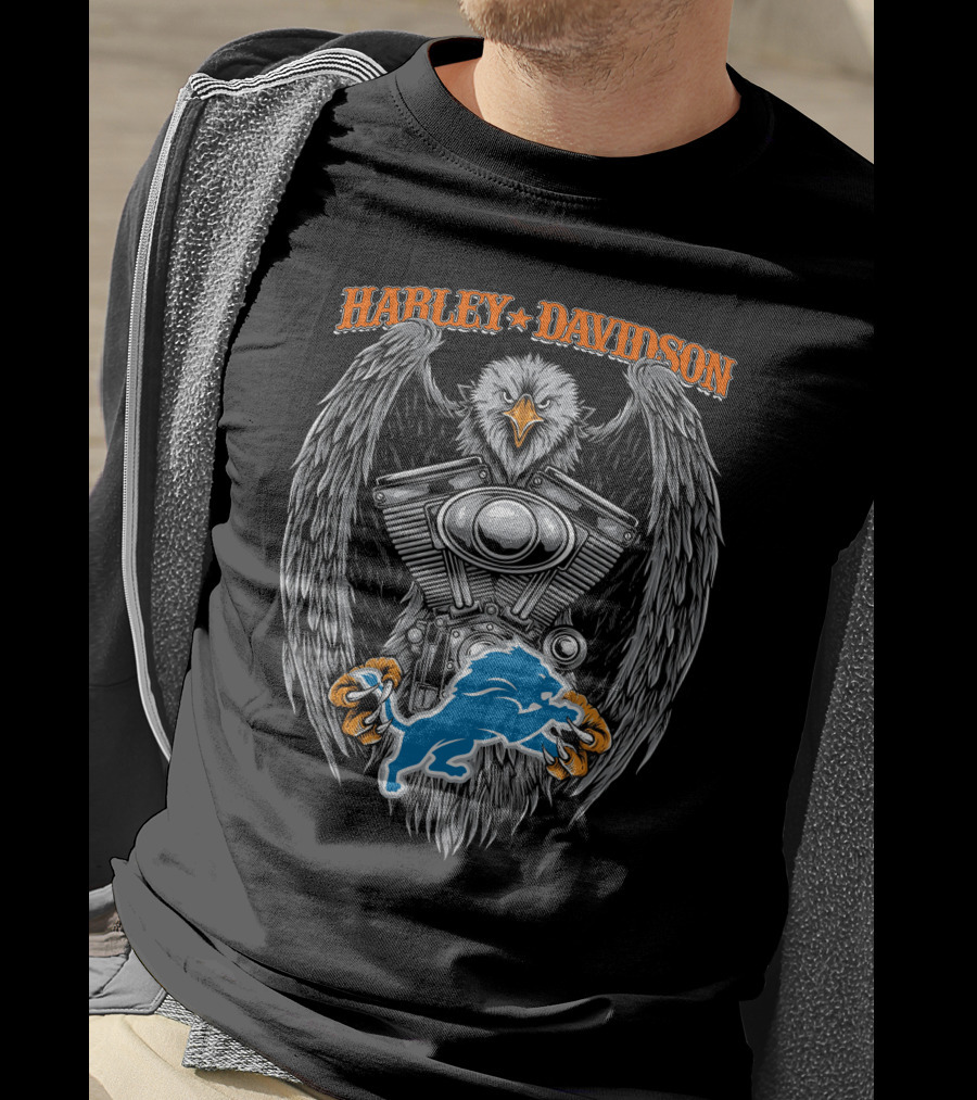 Harley Davidson Eagle Engine With Detroit Lions T-Shirt