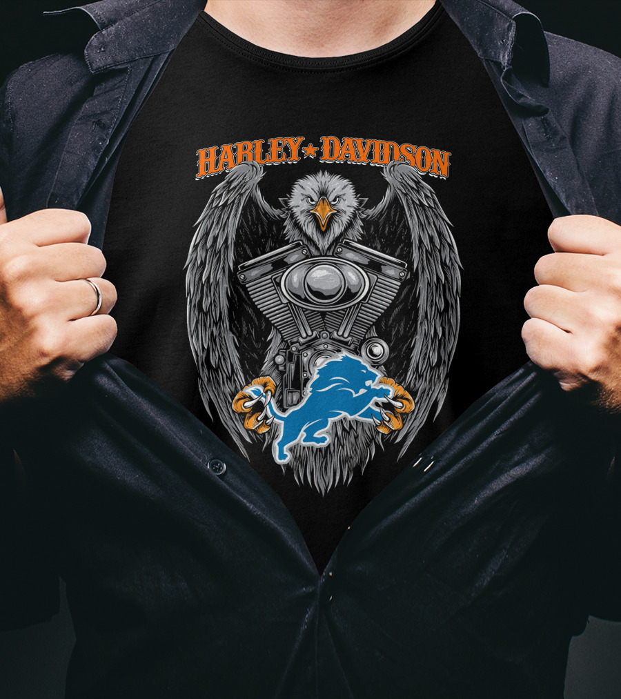 Harley Davidson Eagle Engine With Detroit Lions T-Shirt