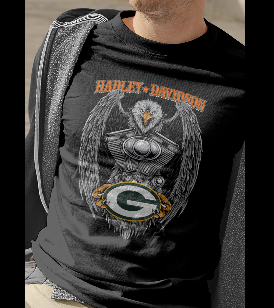 Harley Davidson Eagle V-Twin Engine With Green Bay Packers T-Shirt