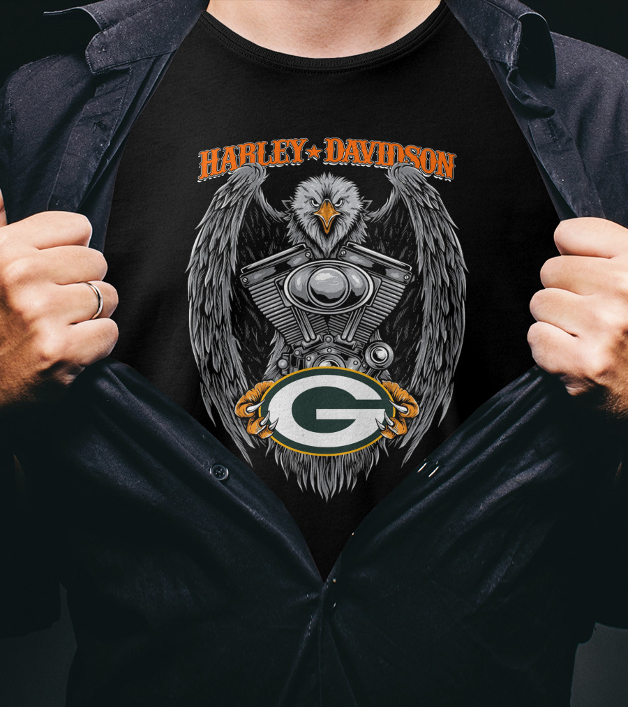 Harley Davidson Eagle V-Twin Engine With Green Bay Packers T-Shirt