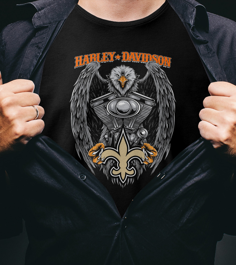 Harley Davidson New Orleans Saints Eagle Fleur-De-Lis Engine Art T-Shirt