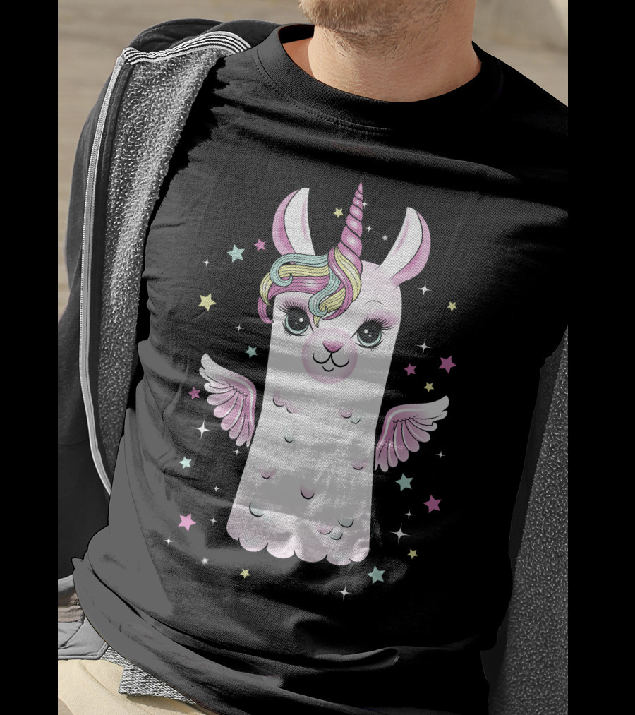 Llama Unicorn With Rainbow Mane And Wings Surrounded By Stars T-Shirt
