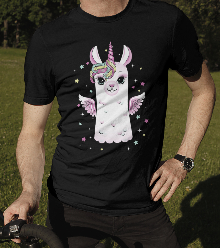 Llama Unicorn With Rainbow Mane And Wings Surrounded By Stars T-Shirt