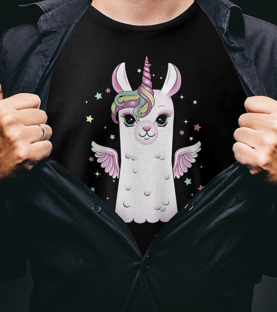 Llama Unicorn With Rainbow Mane And Wings Surrounded By Stars T-Shirt