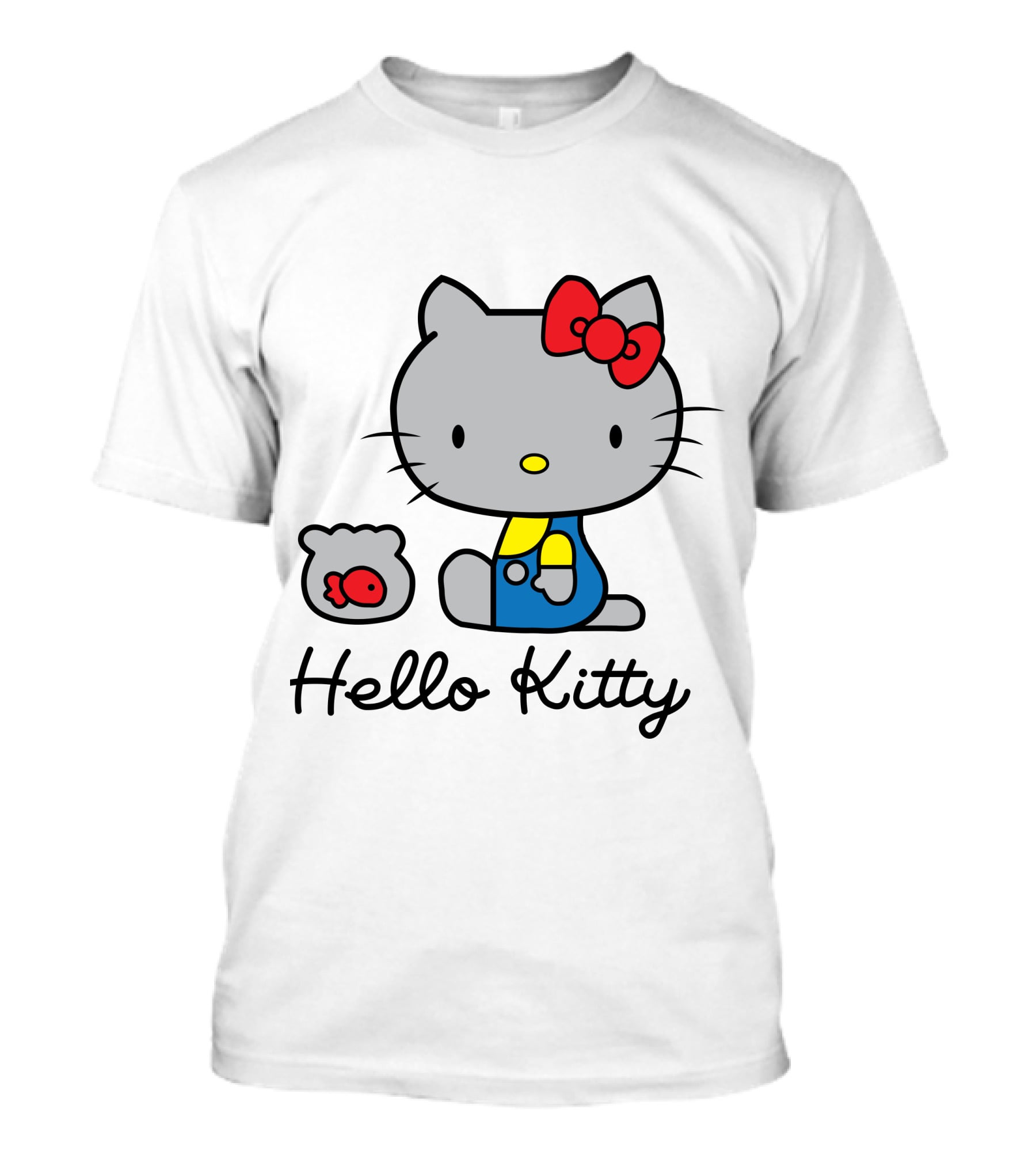 Hello Kitty Gray Cat With Red Bow And Fish Bowl T-Shirt
