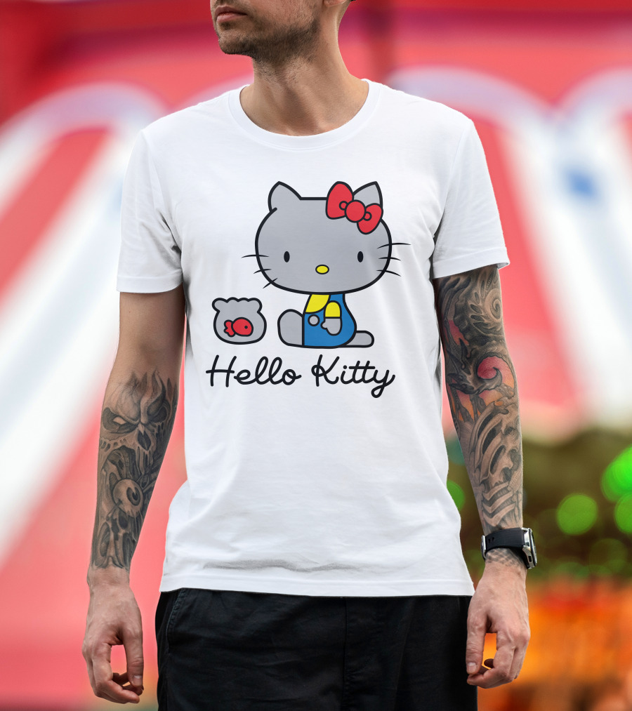Hello Kitty Gray Cat with Red Bow and Fish Bowl T-Shirt