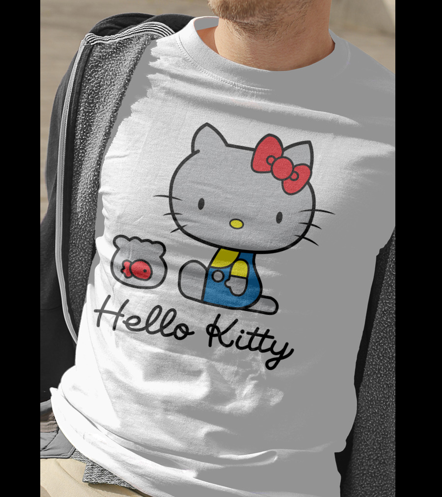 Hello Kitty Gray Cat With Red Bow And Fish Bowl T-Shirt