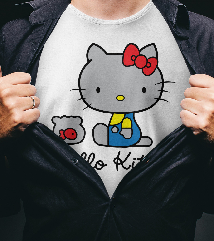 Hello Kitty Gray Cat With Red Bow And Fish Bowl T-Shirt