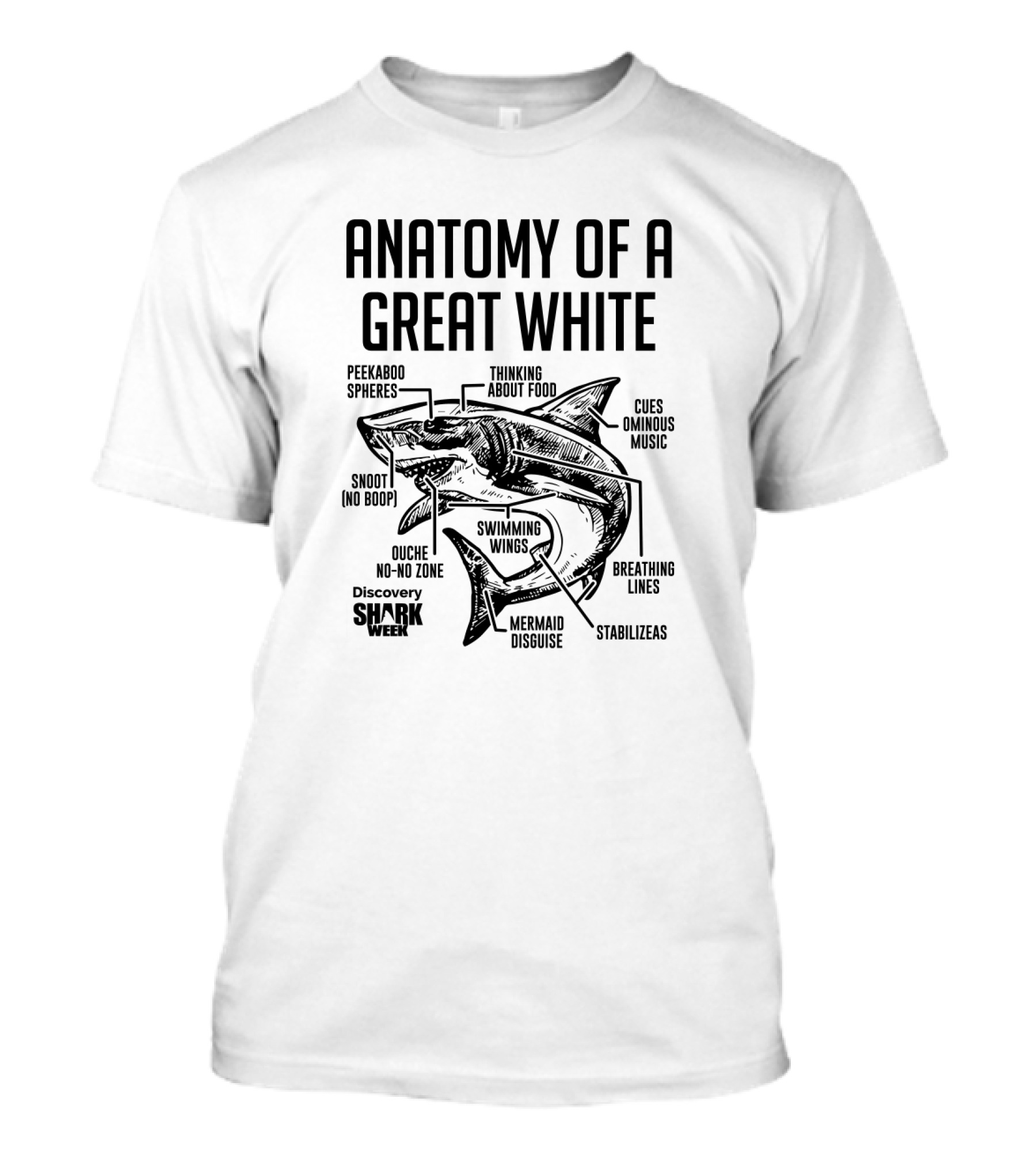 Anatomy Of A Great White Shark Thinking About Food Discovery Shark Week Peekaboo Spheres Mermaid Disguise Cues Ominous Music T-Shirt