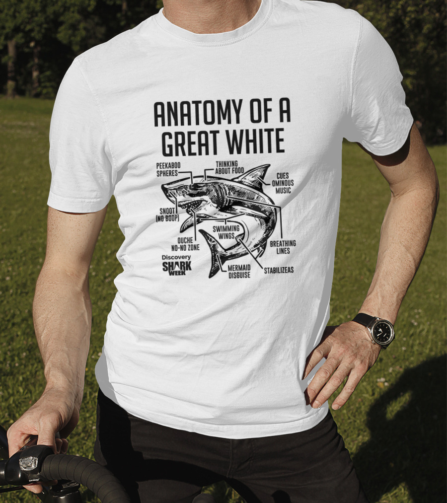 Anatomy Of A Great White Shark Thinking About Food Discovery Shark Week Peekaboo Spheres Mermaid Disguise Cues Ominous Music T-Shirt