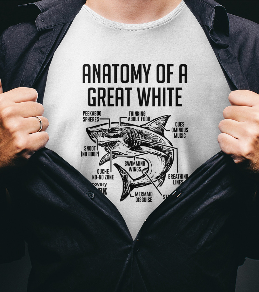Anatomy Of A Great White Shark Thinking About Food Discovery Shark Week Peekaboo Spheres Mermaid Disguise Cues Ominous Music T-Shirt