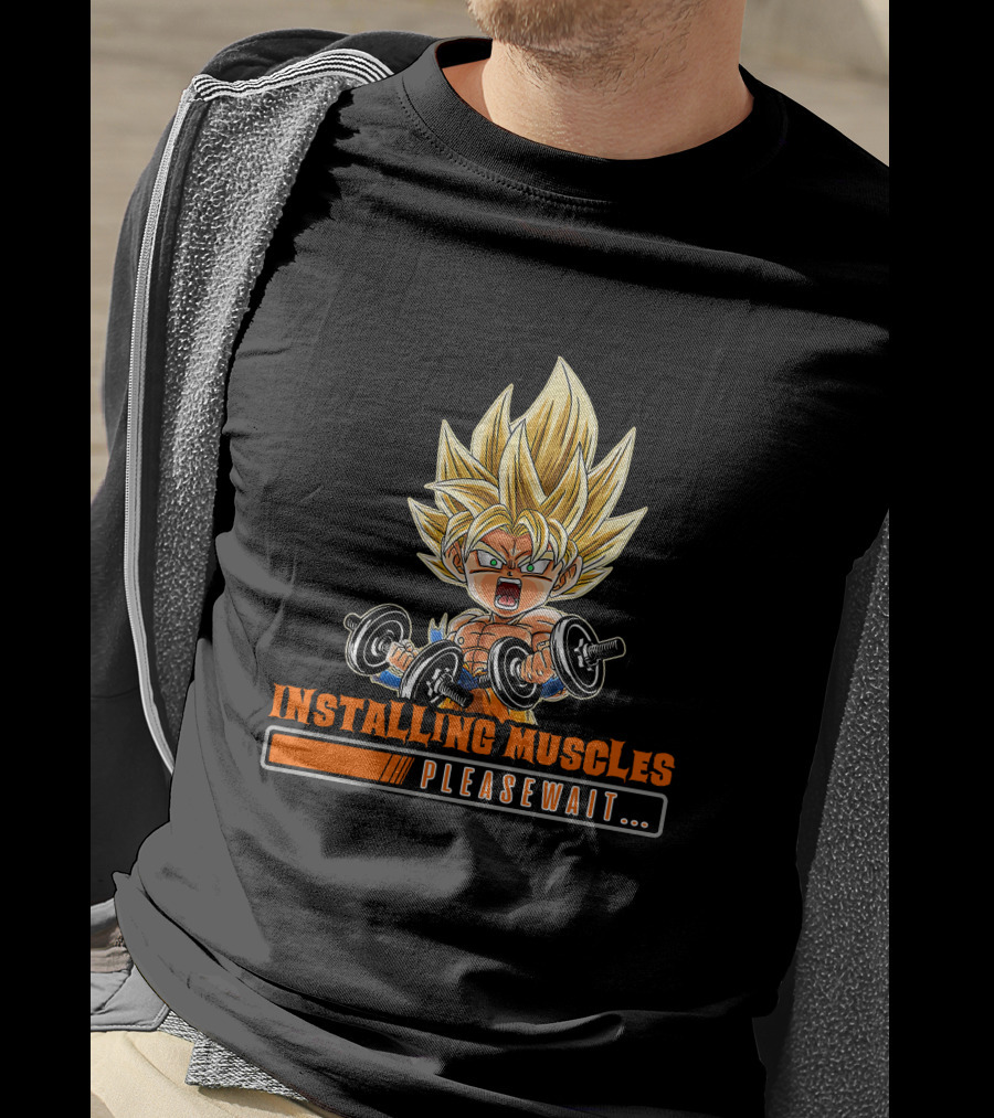 Installing Muscles Please Wait Super Saiyan Dumbbells Fitness Power Up T-Shirt