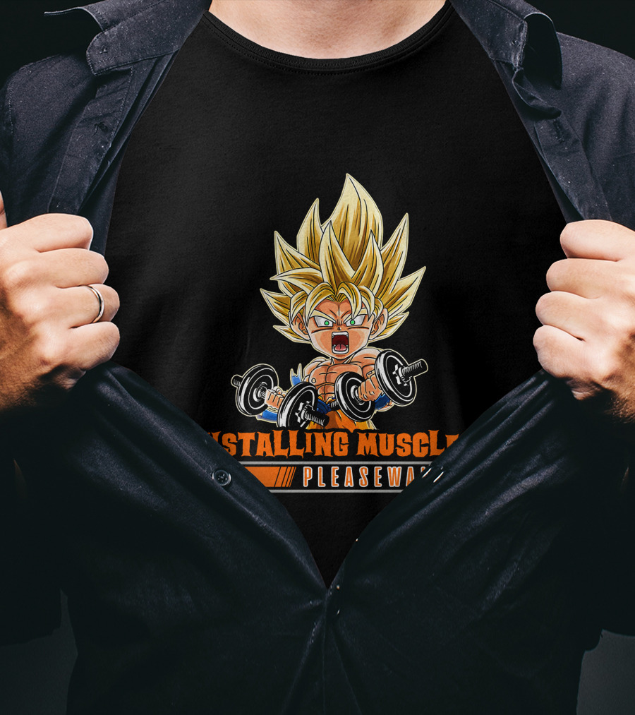 Installing Muscles Please Wait Super Saiyan Dumbbells Fitness Power Up T-Shirt