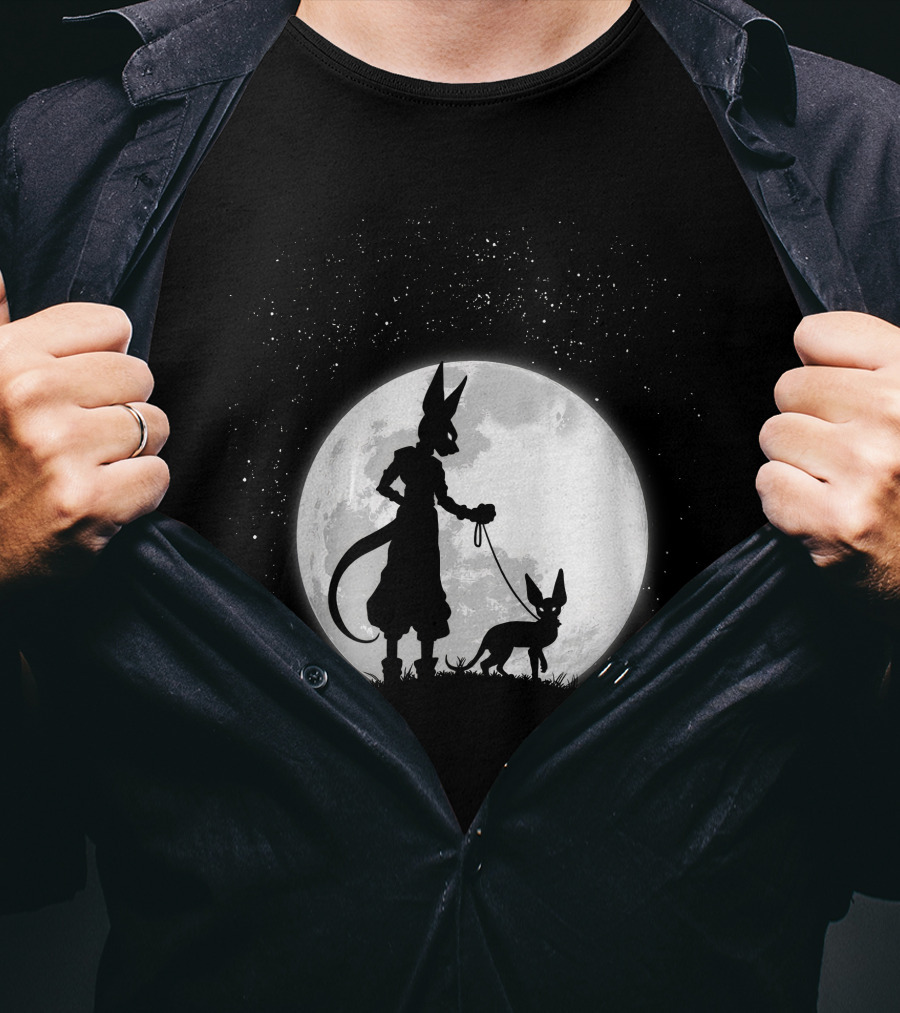 Beerus Walking Under Full Moon With Cat T-Shirt