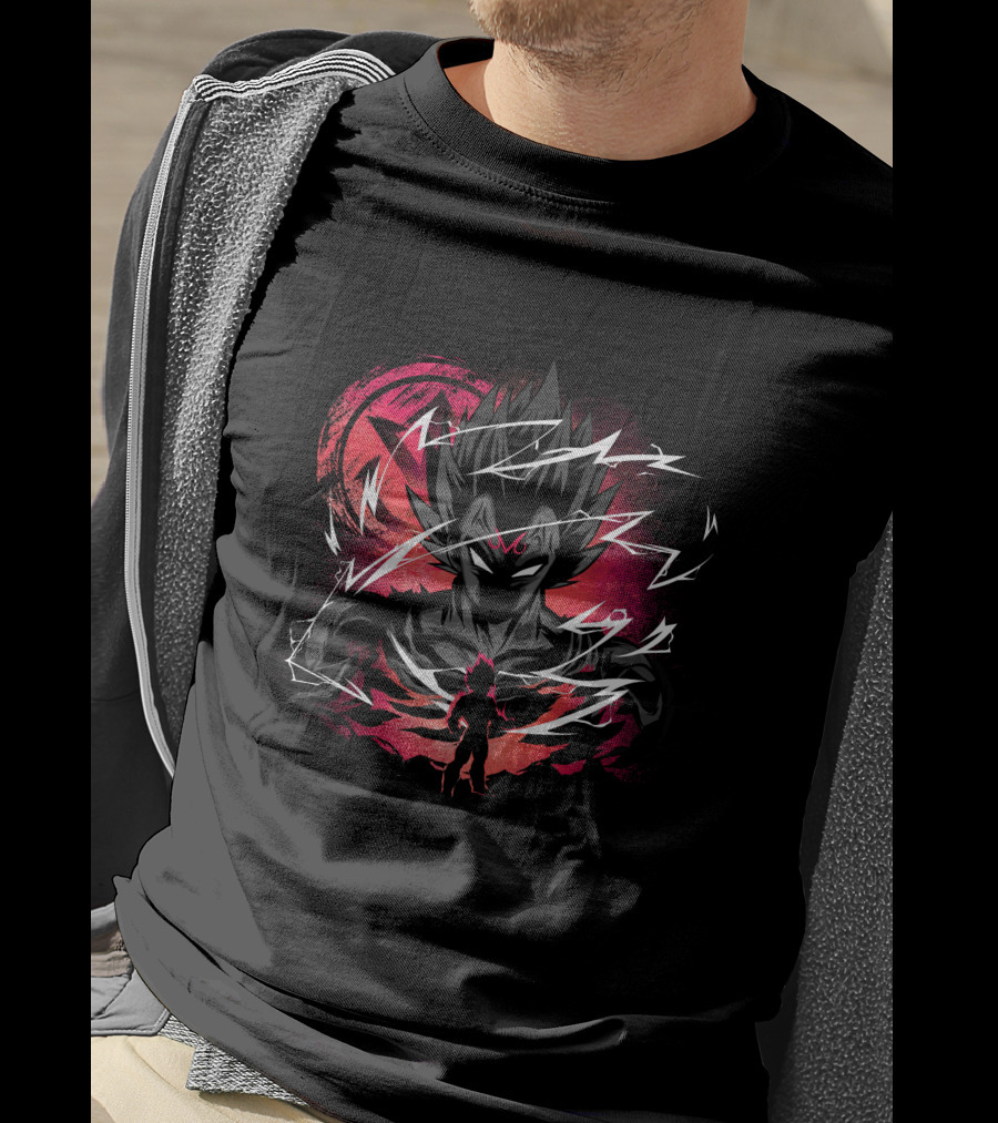 Vegeta Lightning Aura And Shadowed Silhouette On Red Planet Background T-Shirt