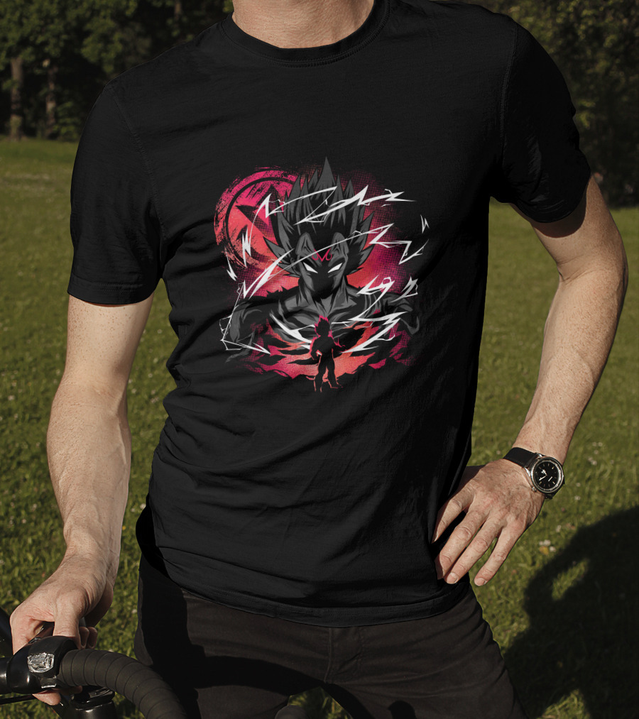 Vegeta Lightning Aura And Shadowed Silhouette On Red Planet Background T-Shirt