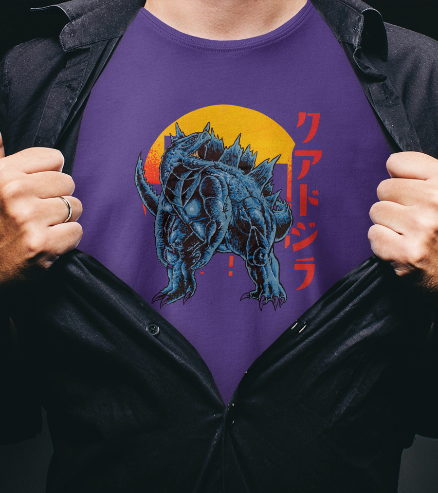 Raging Tobey Raskolapparel Quadzilla Kaiju Monster Retro Sunset Kanji T-Shirt