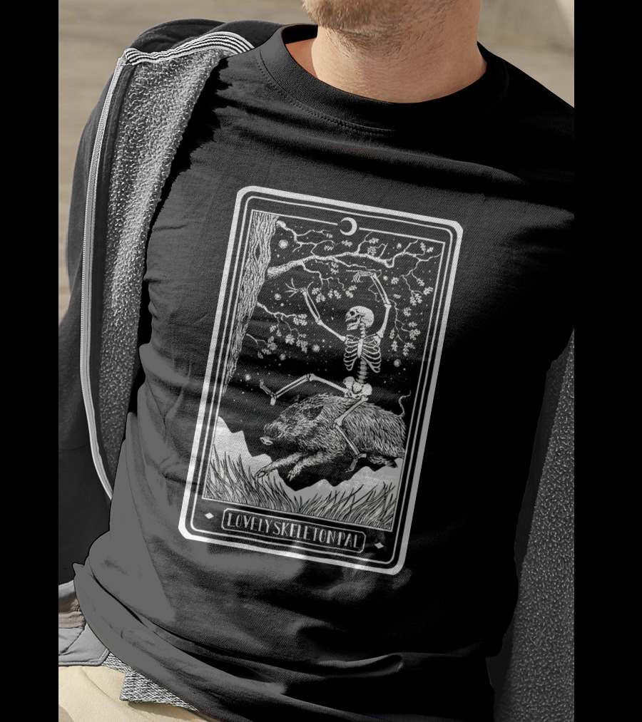 Lovely Skeleton Pal Johnny Chiodini Ever Press Store Merch Riding Wild Boar In Starry Night Scene T-Shirt