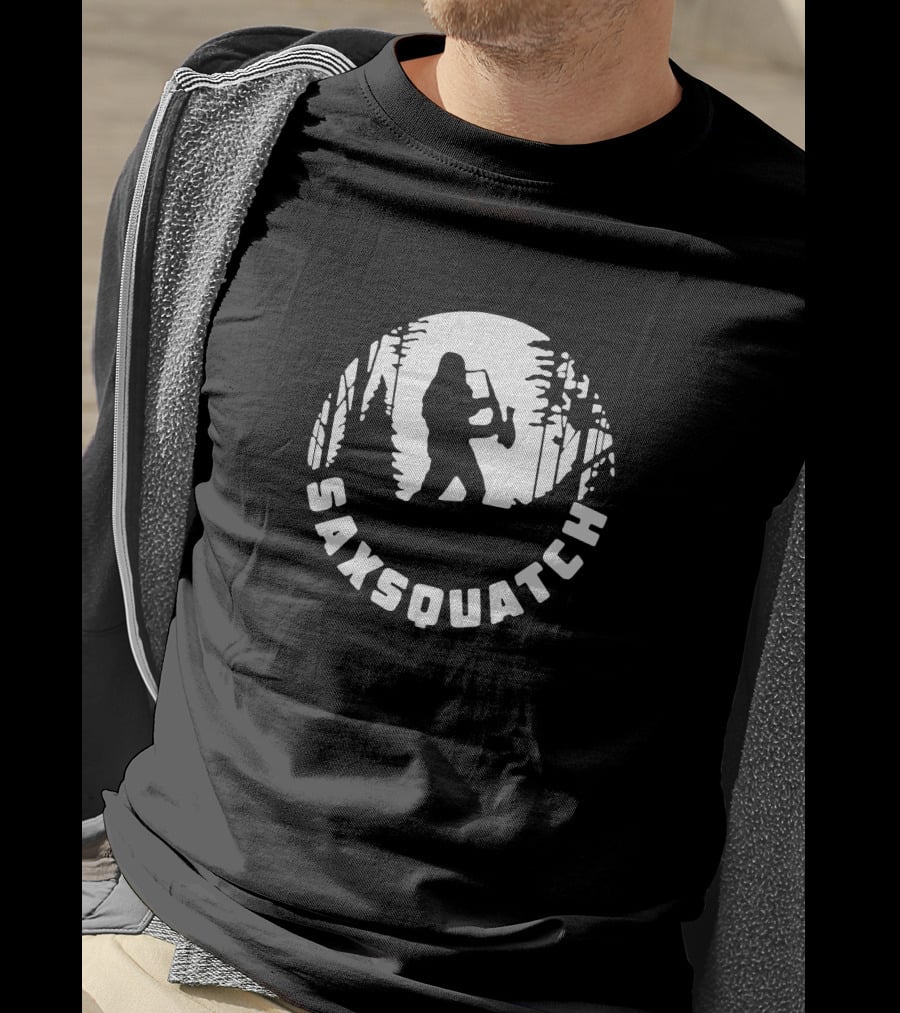 Saxsquatch Forest Silhouette Playing Saxophone T-Shirt