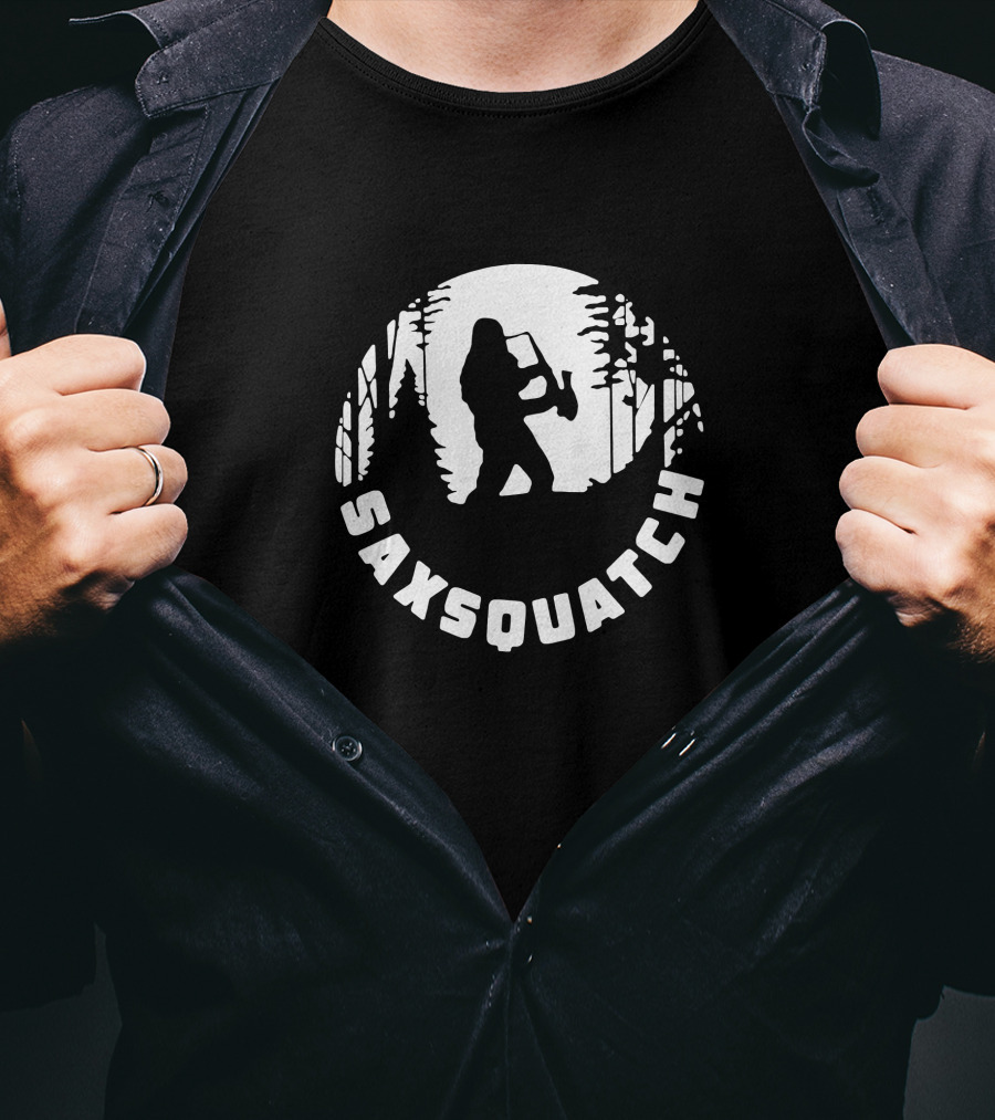 Saxsquatch Forest Silhouette Playing Saxophone T-Shirt