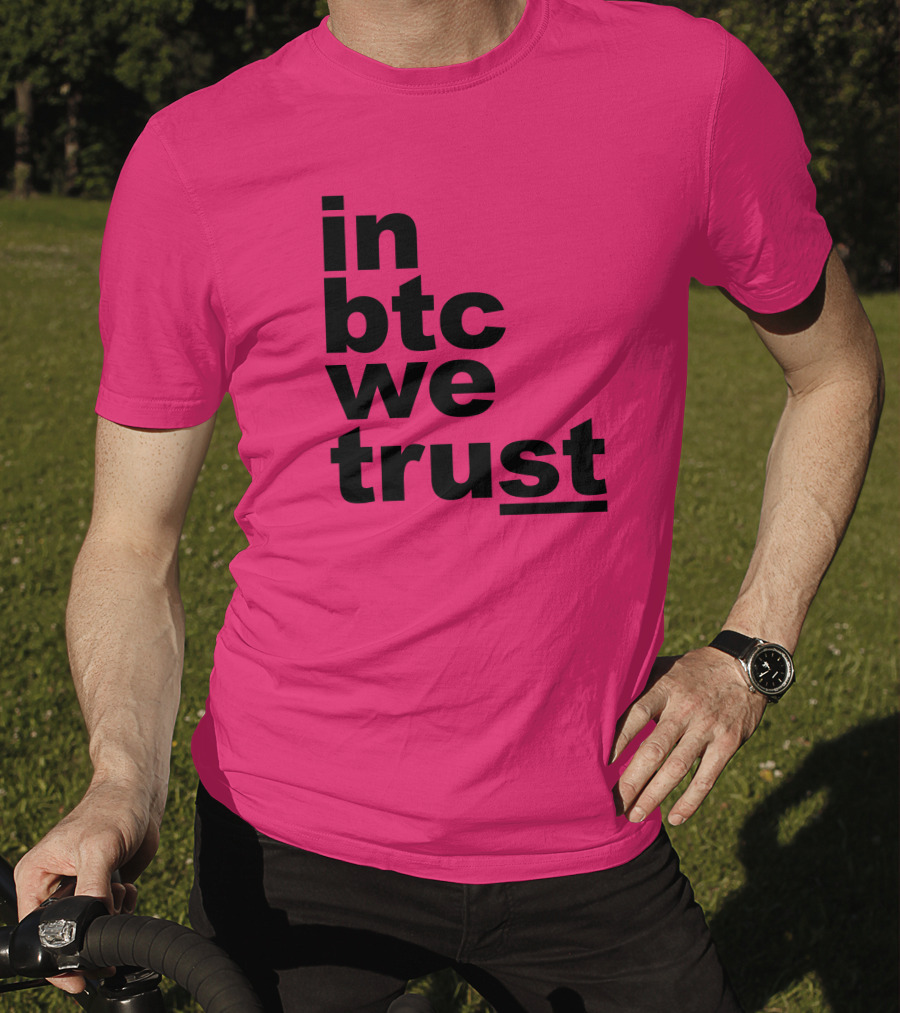 Bitcoin Merch In BTC We Trust Bold Text Pink Background T-Shirt