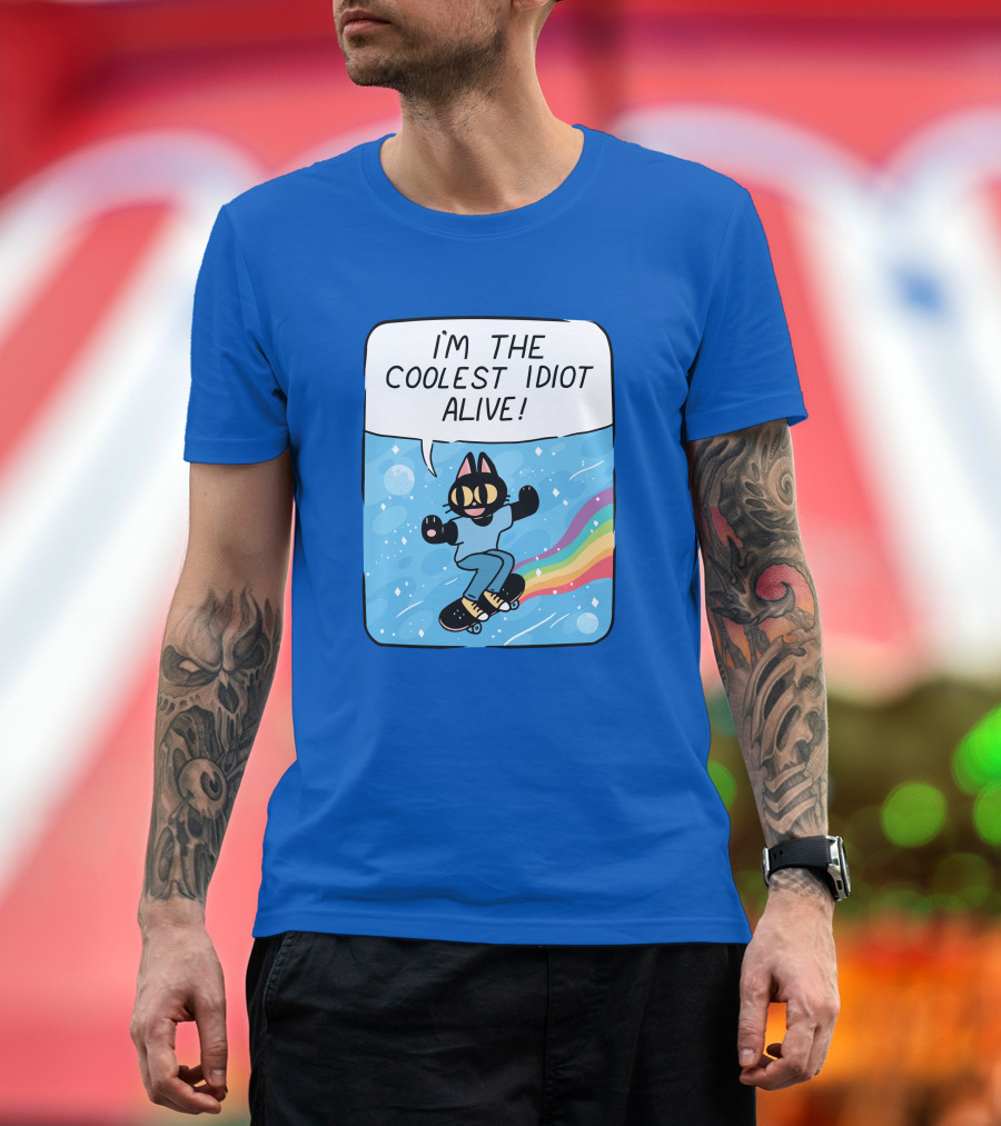 Dinercryptid Time Cowboy Cat Riding Skateboard I'm The Coolest Idiot Still Alive T-Shirt
