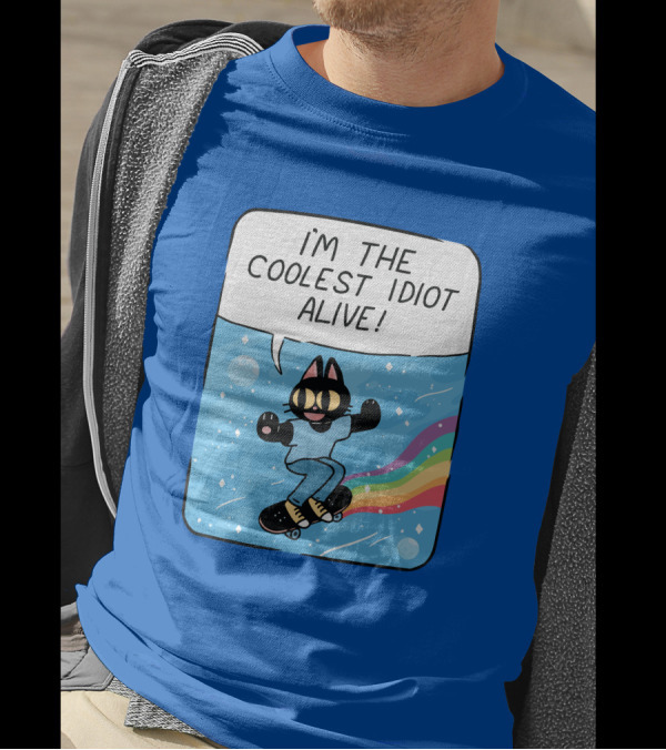 Dinercryptid Time Cowboy Cat Riding Skateboard I'm The Coolest Idiot Still Alive T-Shirt