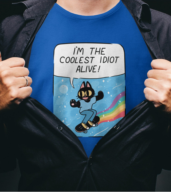 Dinercryptid Time Cowboy Cat Riding Skateboard I'm The Coolest Idiot Still Alive T-Shirt