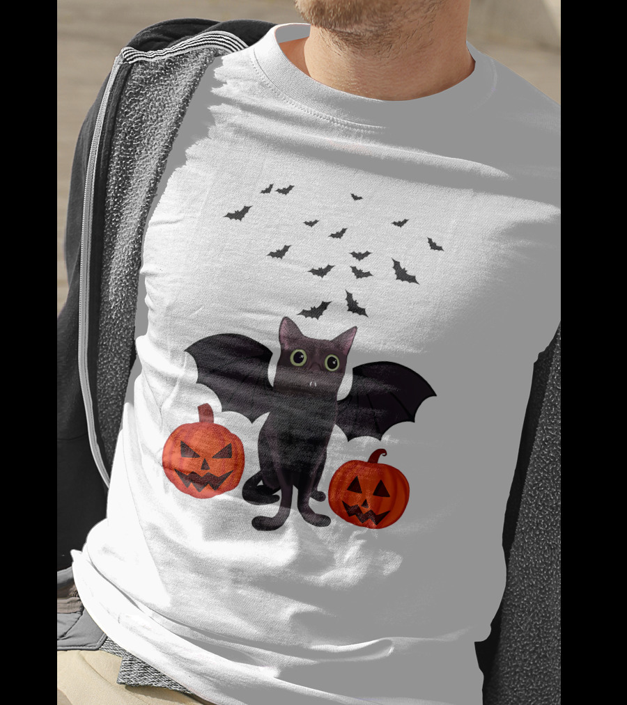 Bigfootjinx Merch Halloween Bat Jinx Black Cat With Pumpkin Jack-o'-Lanterns And Flying Bats T-Shirt