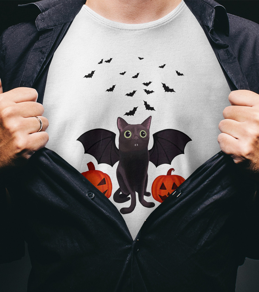 Bigfootjinx Merch Halloween Bat Jinx Black Cat With Pumpkin Jack-o'-Lanterns And Flying Bats T-Shirt
