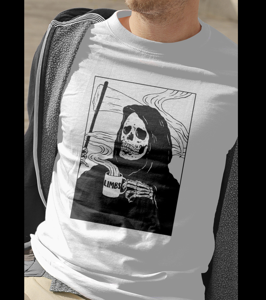 Chelsea Grin Down Right Merch Limbs Coffee Reaper Skeleton Holding Scythe And Mug T-Shirt