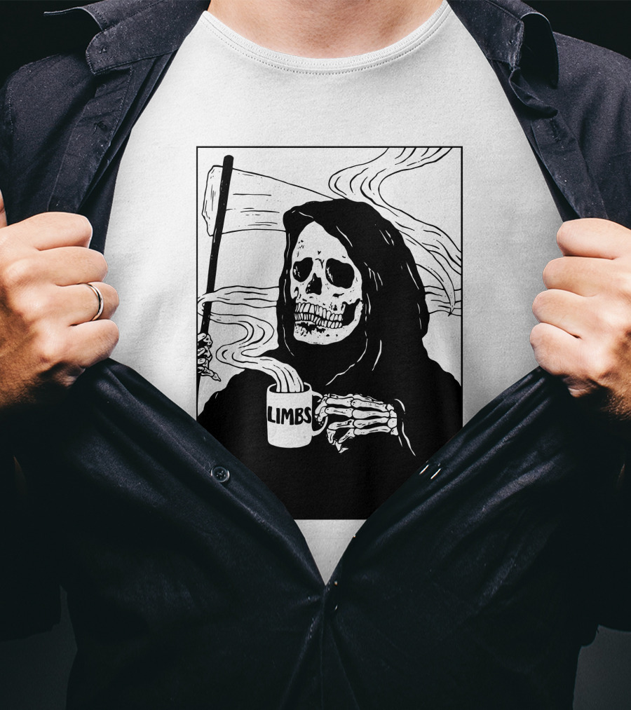 Chelsea Grin Down Right Merch Limbs Coffee Reaper Skeleton Holding Scythe And Mug T-Shirt