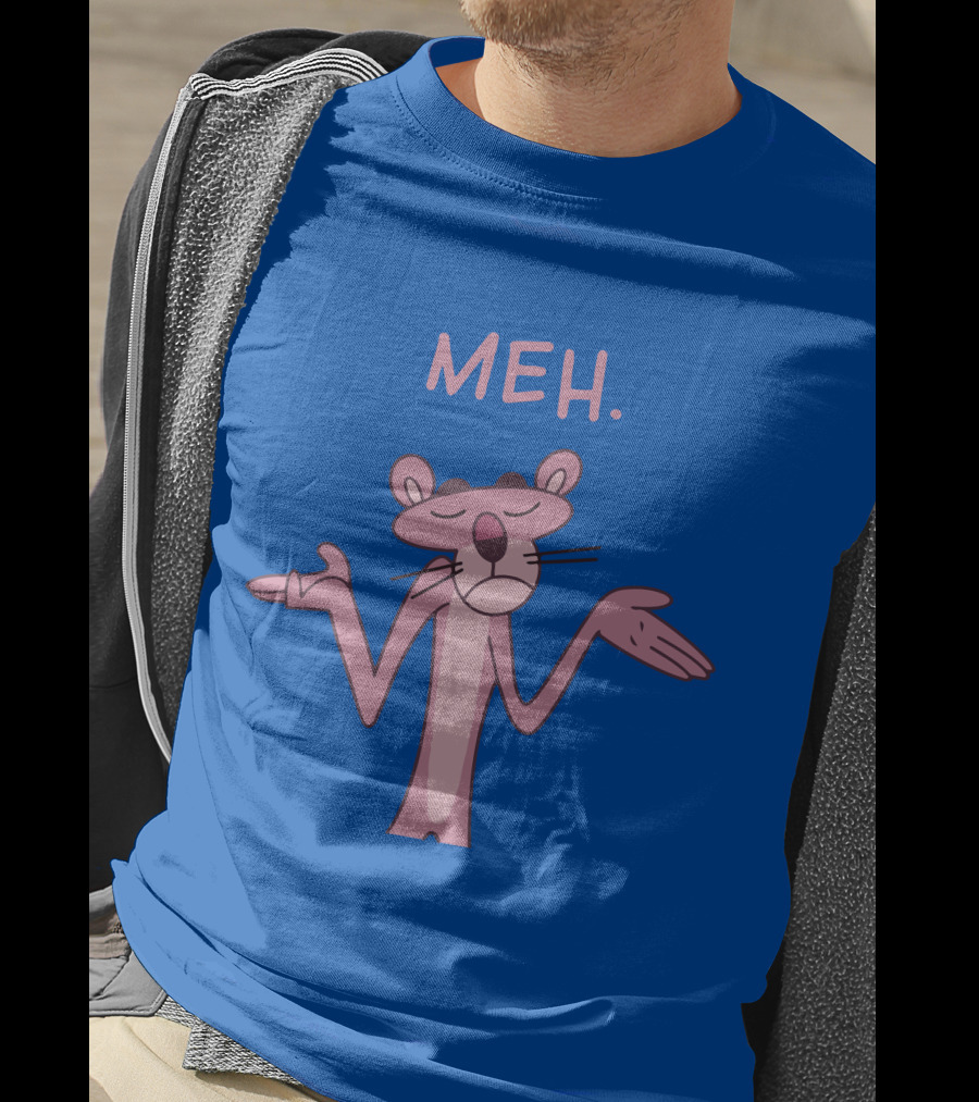 Qwertee Pink Panther Meh Apathy Blue Background T-Shirt