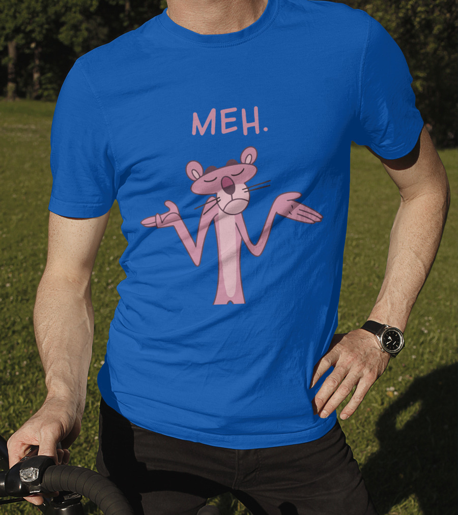 Qwertee Pink Panther Meh Apathy Blue Background T-Shirt