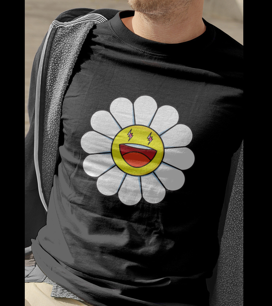 J Balvin Merch Blanco Large Flower Smiley Face With Lightning Eyes T-Shirt