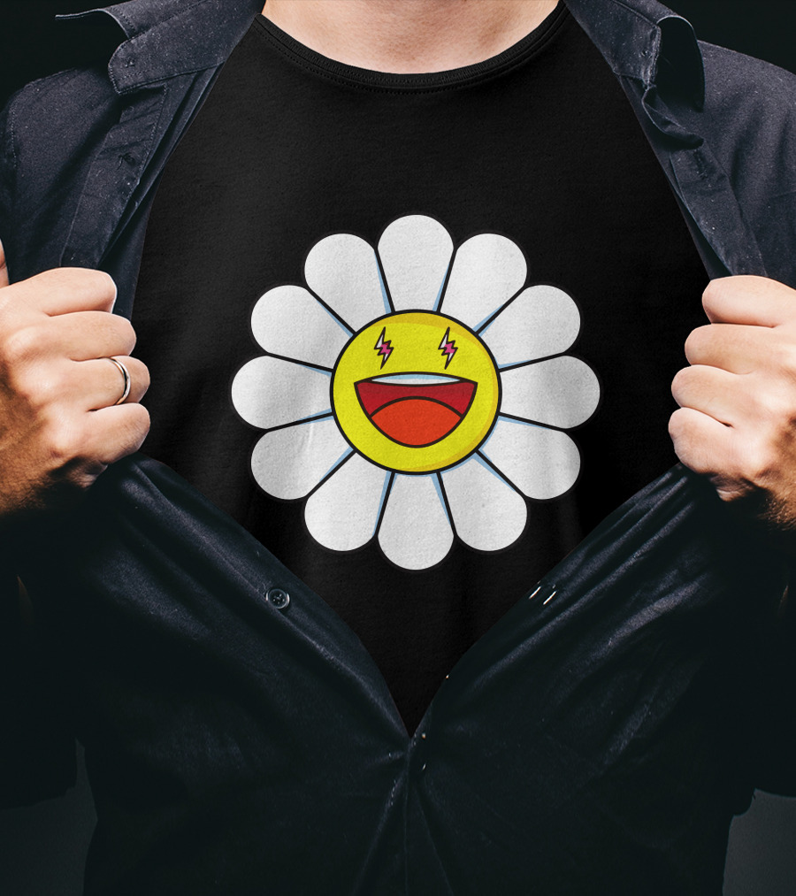 J Balvin Merch Blanco Large Flower Smiley Face With Lightning Eyes T-Shirt