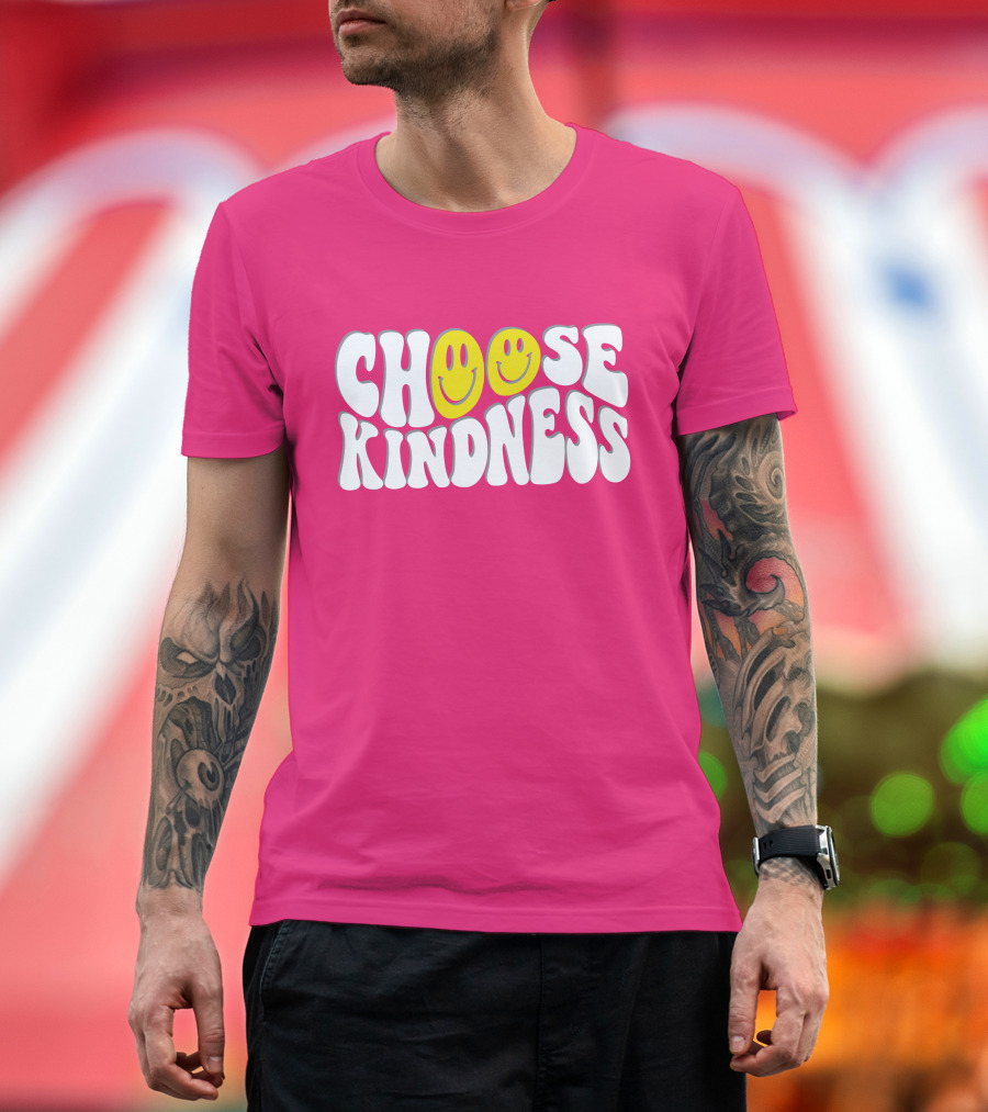 Miss Natali S Choose Kindness Smiley Face Groovy Font Pink Background T-Shirt